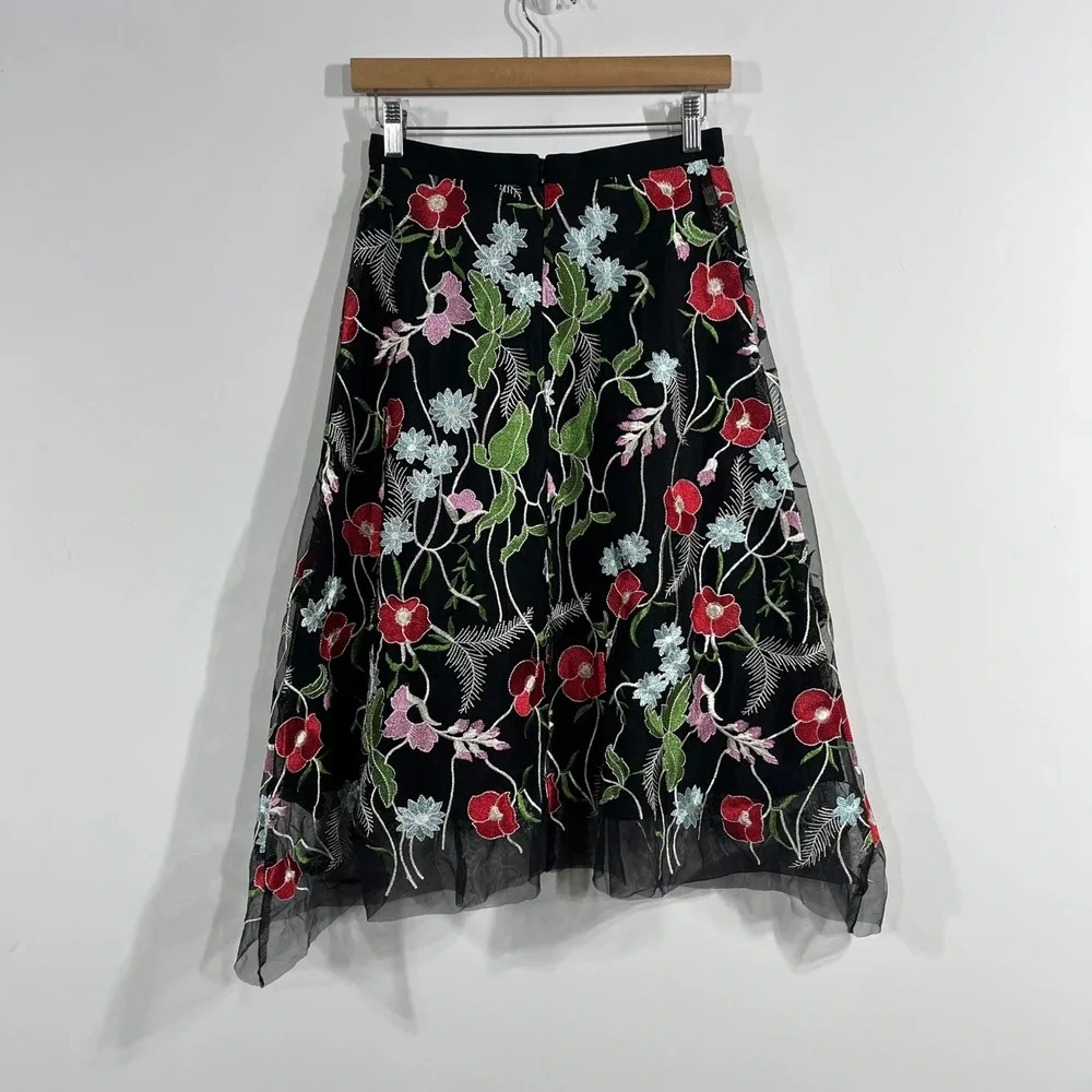 Eva Franco Fairy Grunge Boho Floral Embroidered Mesh Midi Skirt Size 4 Feminine
